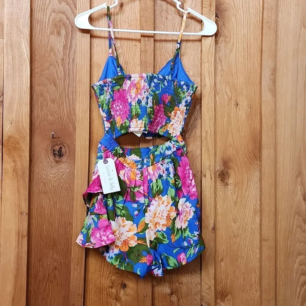 B.O.G Tropical Skort & Halter Crop Top Hawaiian Set, XS, Blue & Pink Floral